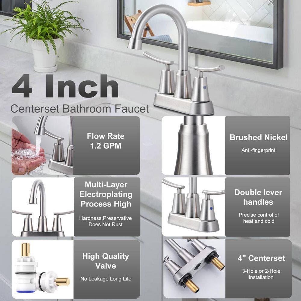 IVIGA 4 in. Centerset Double Handle High-Arc Bathroom Faucet with Supply Lines and Pop-Up Drain Kit Included in Brushed Nickel (2)