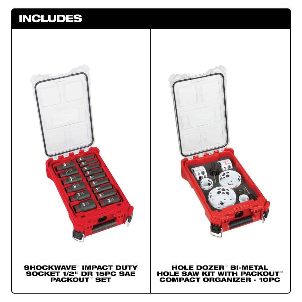 Milwaukee SHOCKWAVE Impact-Duty 1/2 in. Drive SAE Deep Well Impact Socket Set & Hole Saw Set with PACKOUT Organizer (25-Piece) (2)