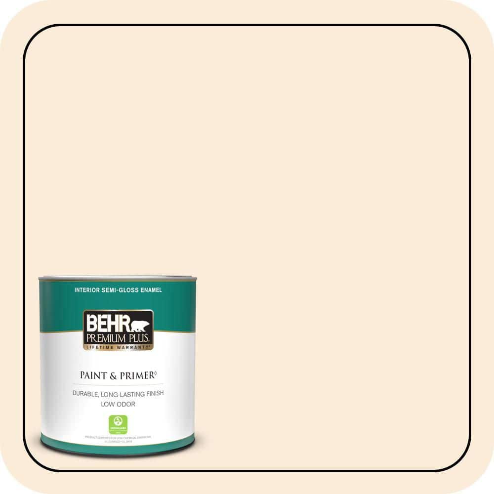 BEHR PREMIUM PLUS 1 qt. #OR-W01 White Blush Semi-Gloss Enamel Low Odor Interior Paint & Primer