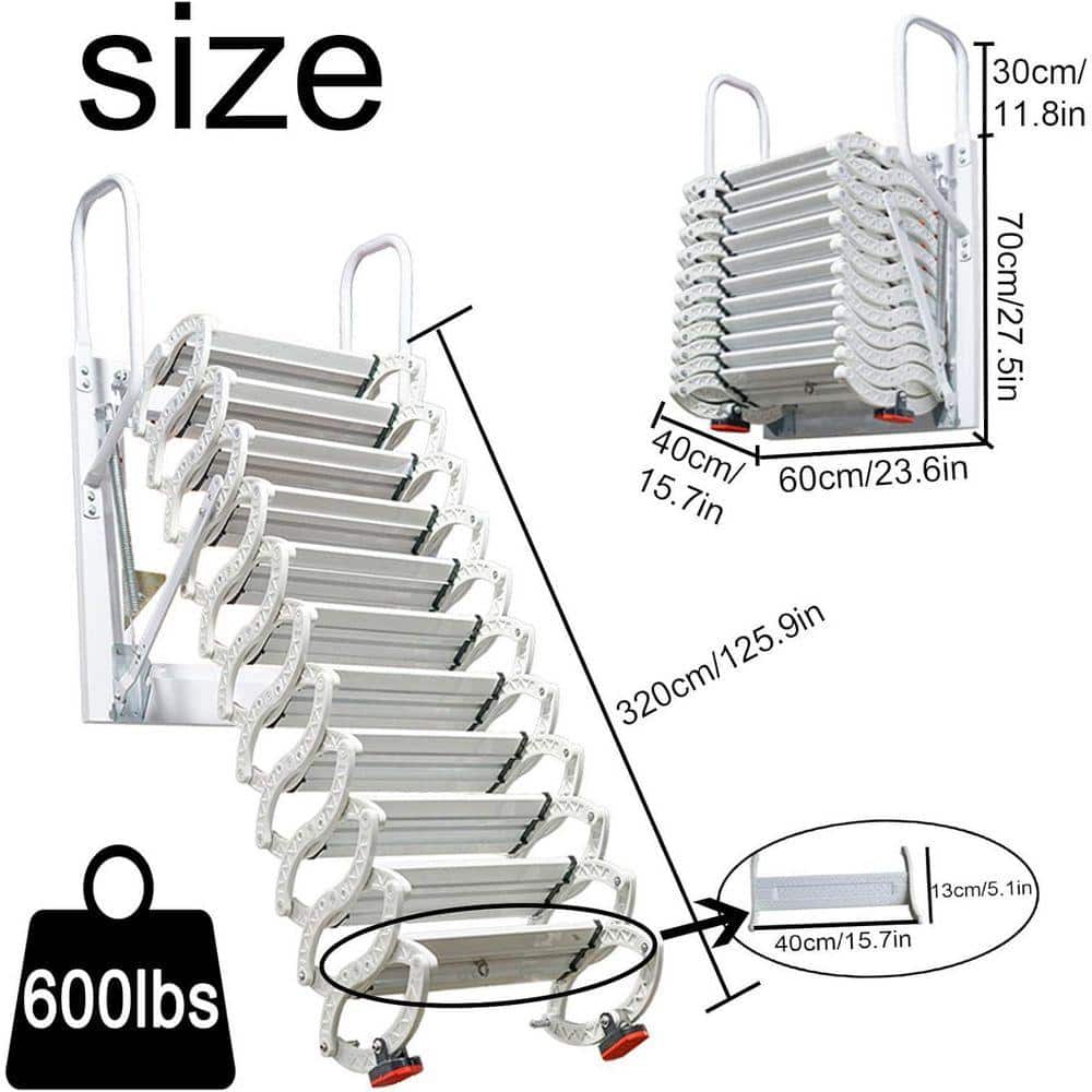 KIWDZFU 118" H, 12 Steps Attic Ladder, Wall Mounted Folding Loft Retractable Stairs, with Armrests, Telescoping Aluminum (3)