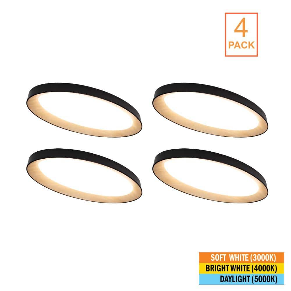 Commercial Electric 4-Pack 32 in. Matte Black White Oak Interior Oval LED Flush Mount Ceiling Light 3000 Lumens 42W Adjustable CCT