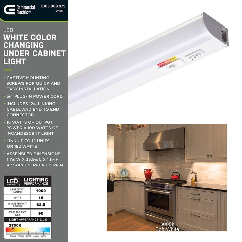 Commercial Electric Plug-In 36 inch Linkable LED Undercabinet Light Task Under Counter Kitchen Lighting 3 Color Temperature Options (3)