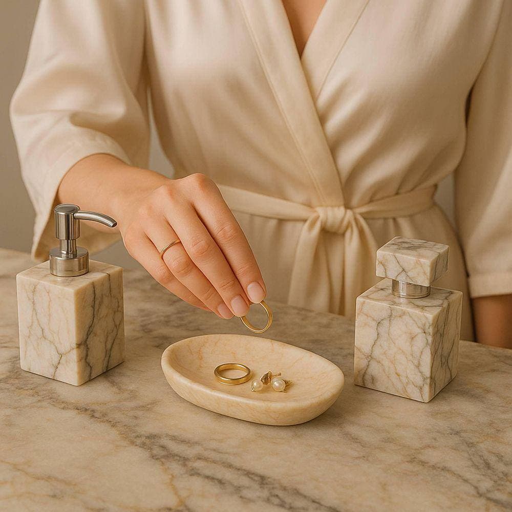 Creative Home Natural Champagne Marble Fluted Collection Oval Soap Dish Soap Holder Tray for Bathroom, Kitchen Sink, Beige Color (3)