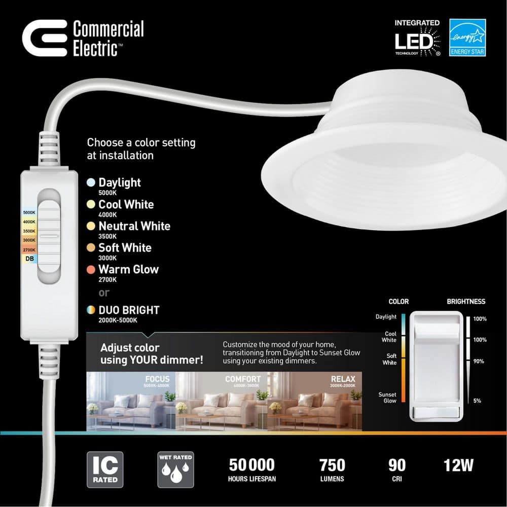 Commercial Electric 4 in. Elite Series Adjustable CCT 3-Level Lumen Select Dimmable Integrated LED Deep Baffle Canless Recessed Light,White (3)