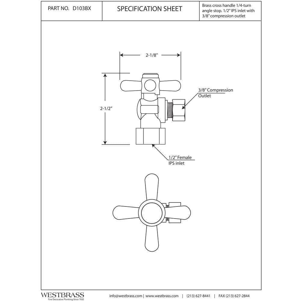 Westbrass 1/4-Turn Cross Handle Angle Stop Shut Off Valve, 1/2" IPS x 3/8" OD Compression Outlet, Satin Nickel (2)