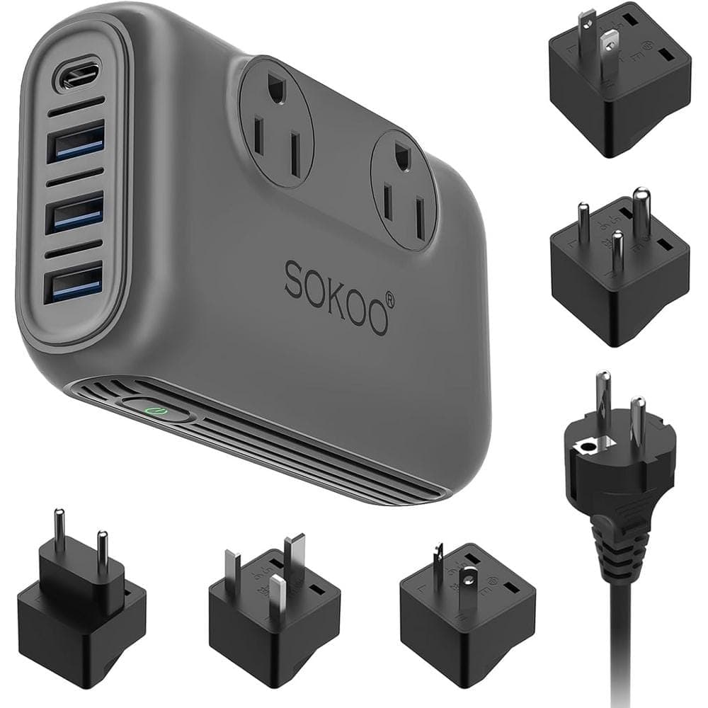 Lukyamzn Surge Protector Travel Adapter Voltage Converter 220V to 110V with 2-Outlet, 3 USB-A, 1 USB-C and 5 Different Plugs (1)