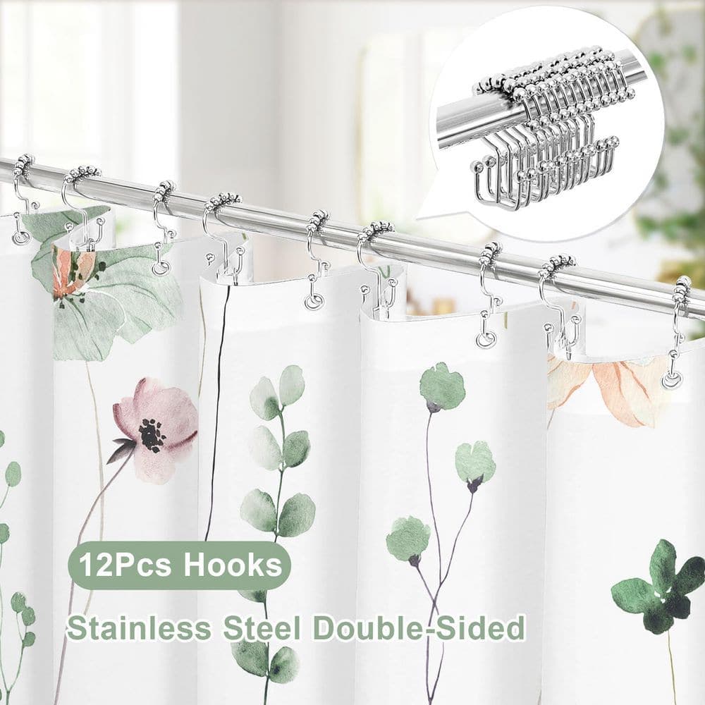 Anqtovp 72 in. W x 72 in. L Polyester Shower Curtain Set in Sage Green Watercolor Floral with PEVA Liner and Hooks (3)