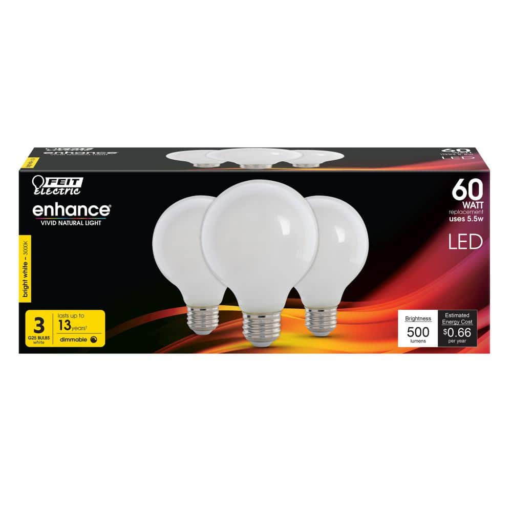 Feit Electric 60-Watt Equivalent G25 Globe Dimmable Filament White CEC Title 20 E26 LED Vintage Edison LIght Bulb, Bright White 3-Pack (4)