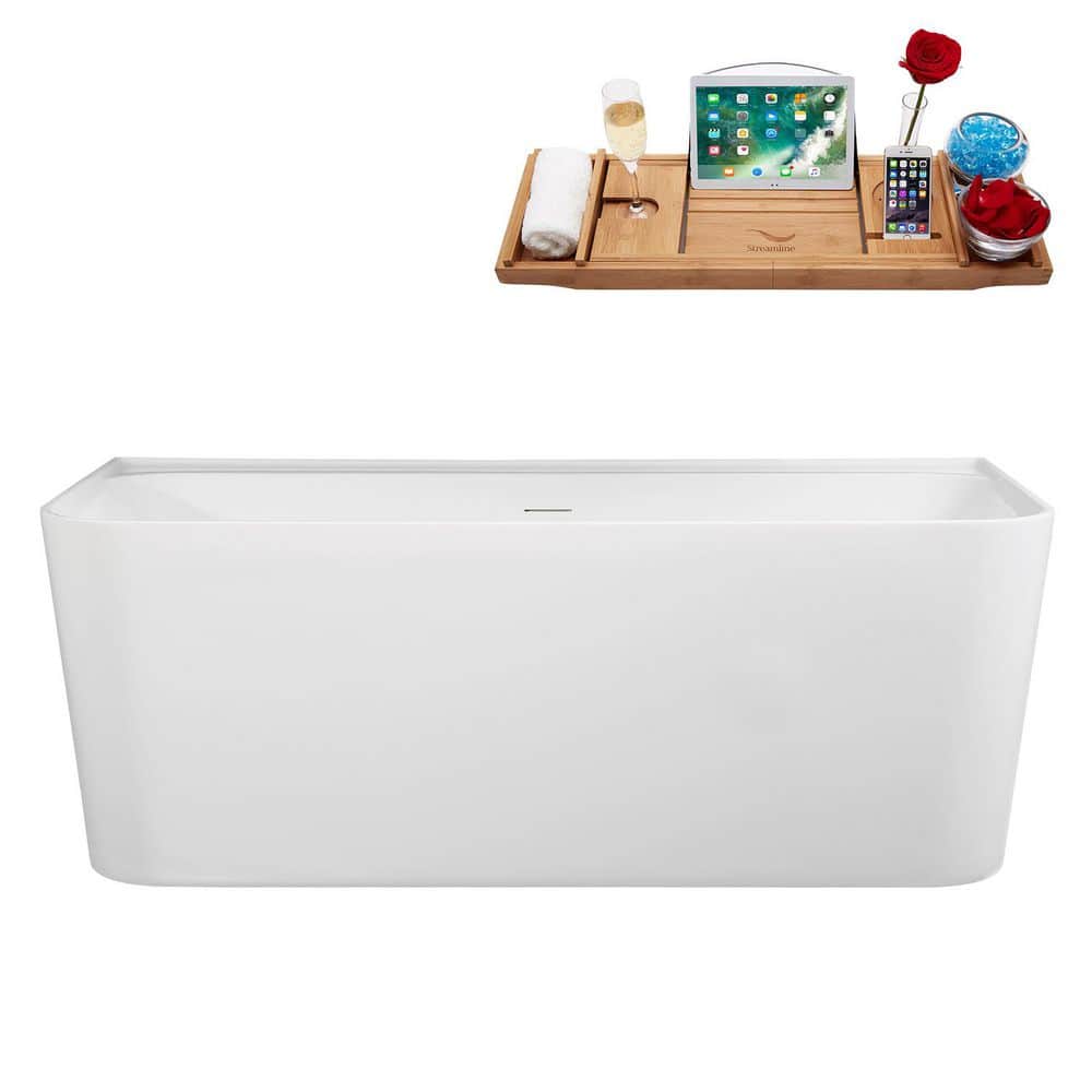 Streamline 55 in. x 30 in. Acrylic Freestanding Soaking Bathtub in Glossy White with Matte Black Drain, Bamboo Tray (1)