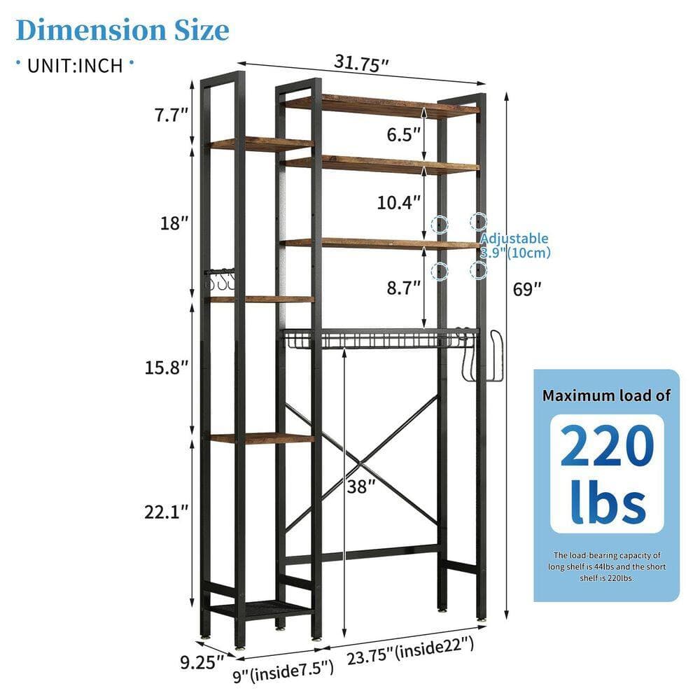 Wudkey 69 in. Brown 8-Tier Freestanding Over-The-Toilet Storage with Adjustable Shelves, Side Racks, and Drain Basket (2)