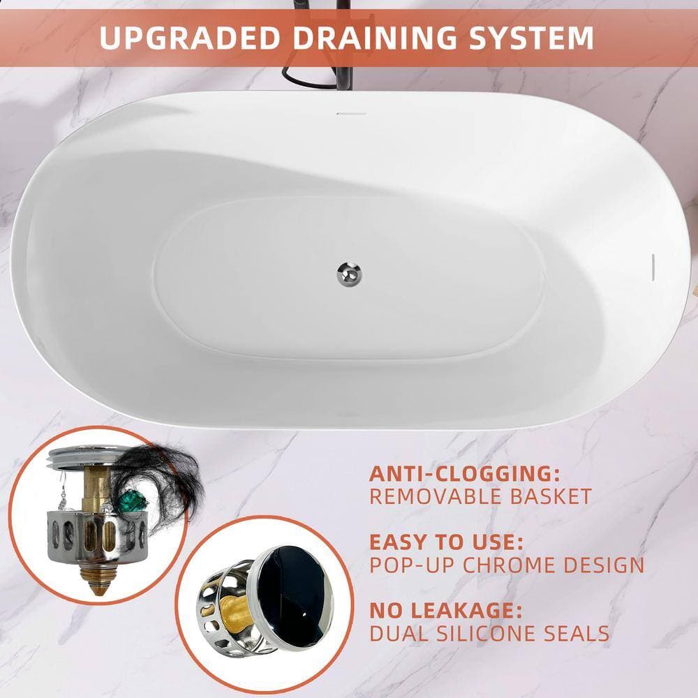 Getpro 59 in. x 30 in. Acrylic Freestanding Soaking Bathtub Flat Bottom Tub with Center Drain Free Standing Tub in Black (2)