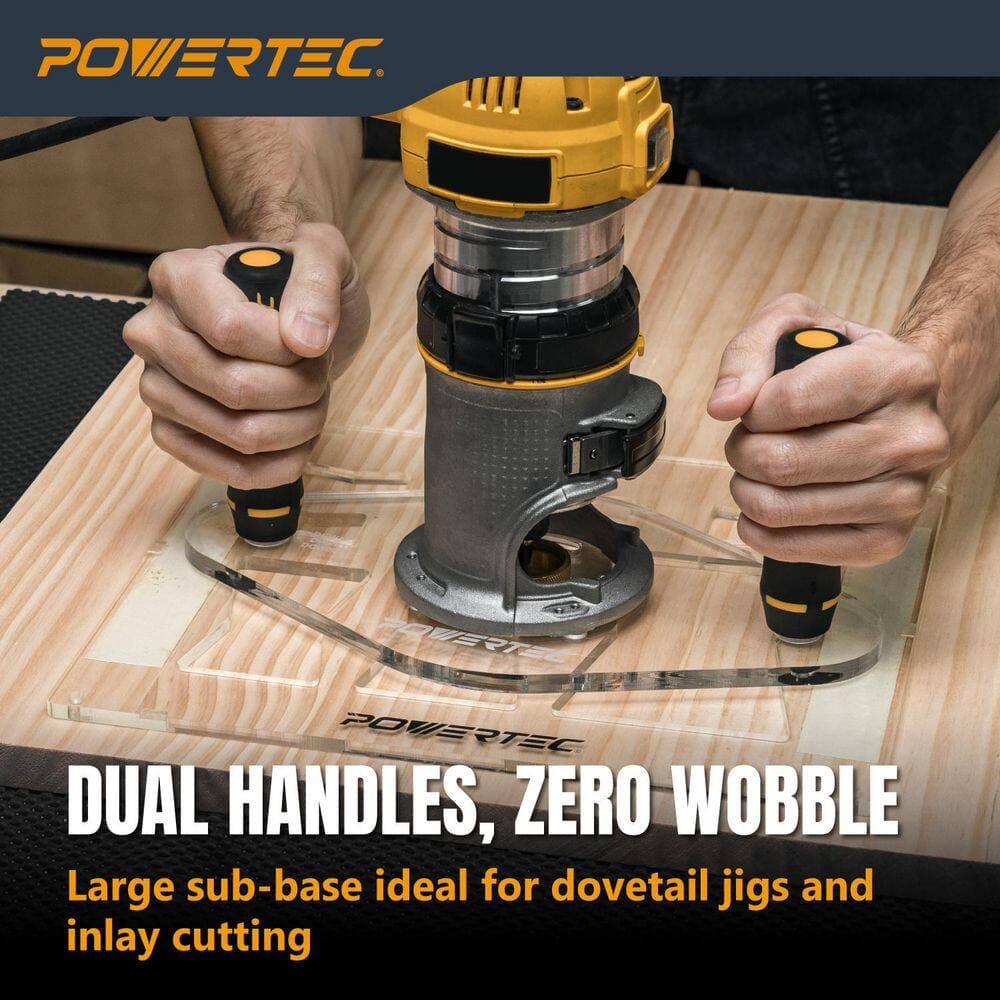 ‎POWERTEC Dual Grip Router Base Plate 6 in. x 11 in. Clear Acrylic Large Sub Base with Predrilled Holes for DeWalt Compact Router (3)