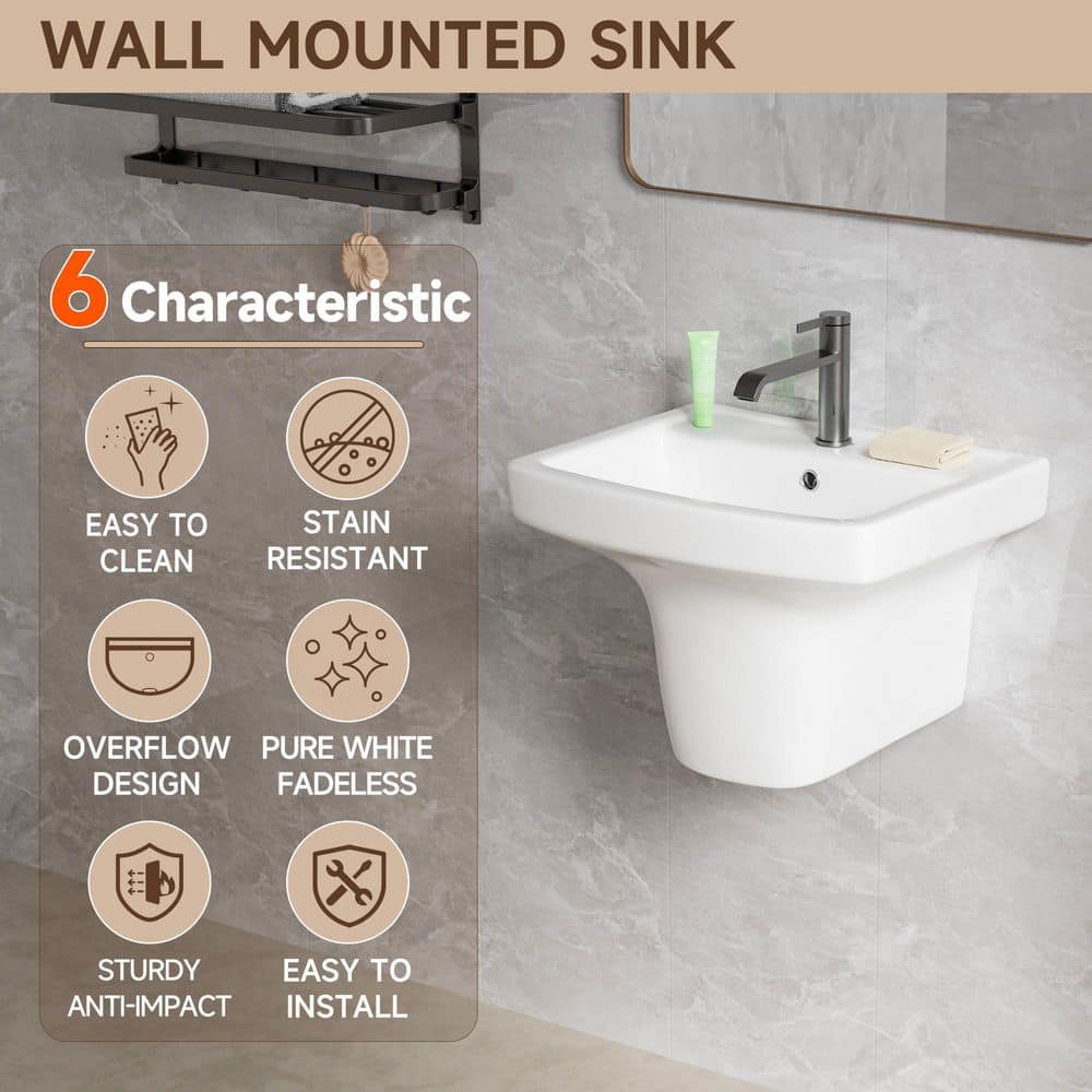 Kuomih Modern Rectangular Wall Mount Bathroom Sink 21 in. W x 17 in. D x 15 in. H Compact White Vitreous China with Overflow (2)