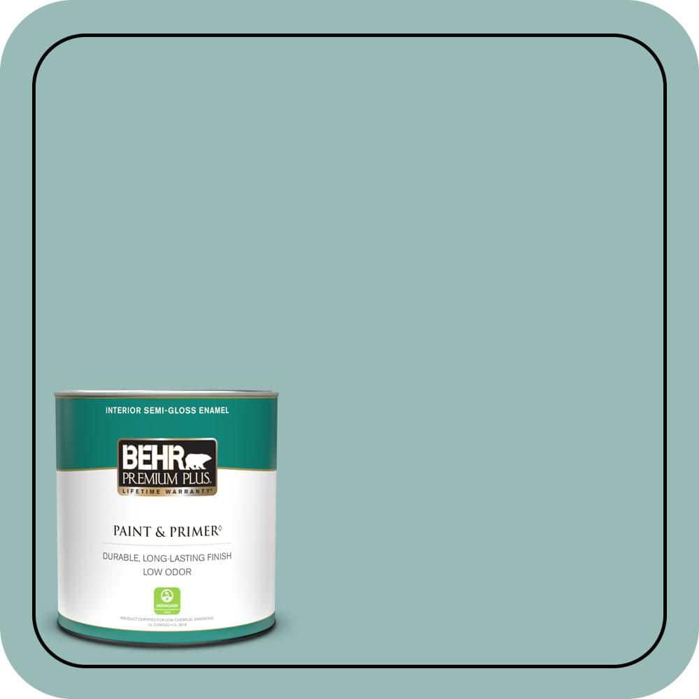 BEHR PREMIUM PLUS 1 qt. #PPU12-06 Lap Pool Blue Semi-Gloss Enamel Low Odor Interior Paint & Primer (1)