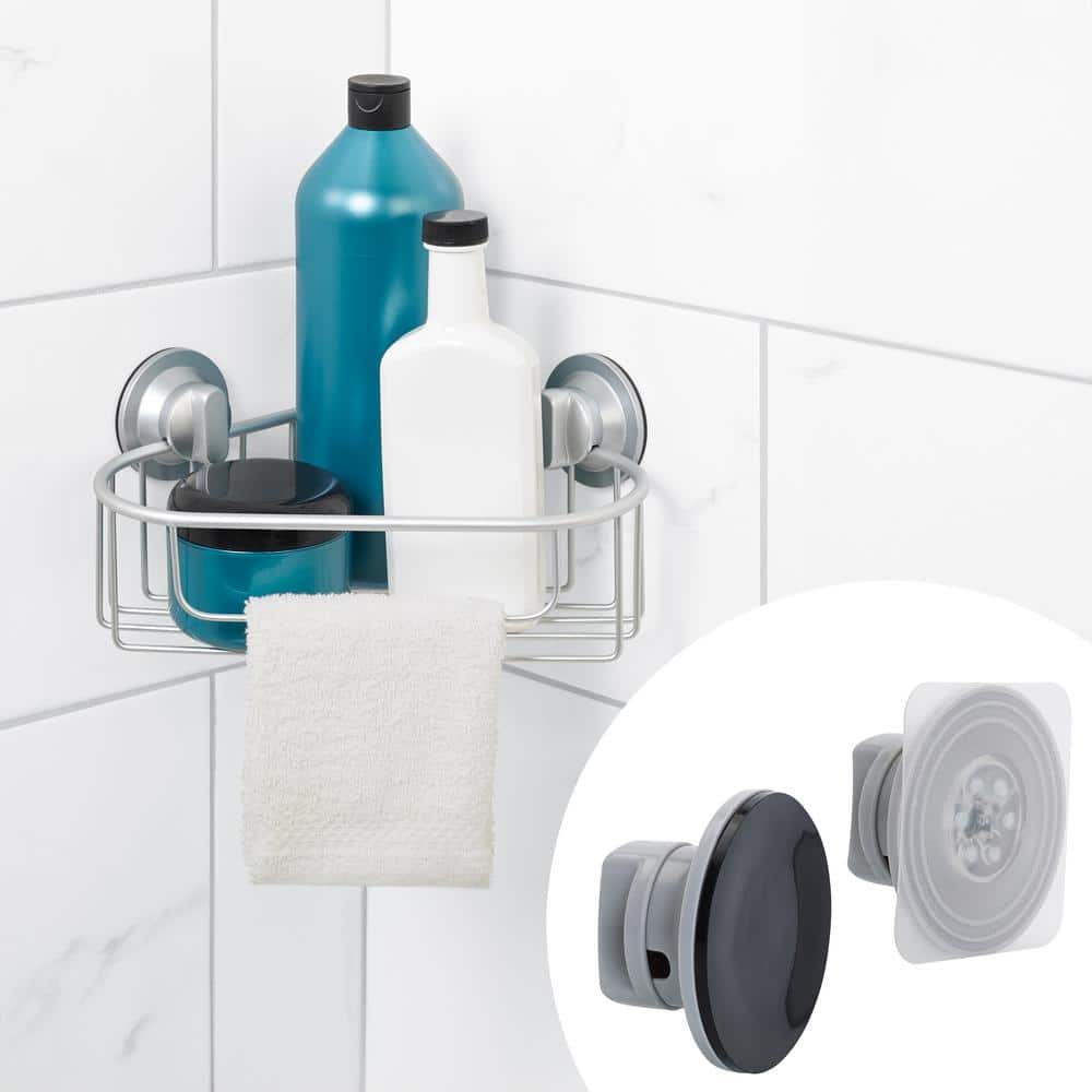 Zenna Home NeverRust Power Grip Pro Adhesive or Suction Mount Aluminum Corner Shower Basket in Satin Chrome