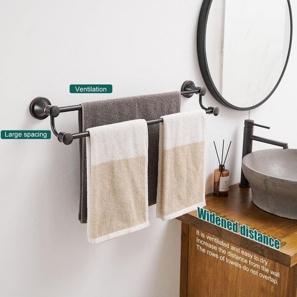 Unbranded Adjustable 15 to 27 in. Double Stainless Steel Bathroom Towel Bar Oil Rubbed Bronze Wall Mounted Two-Tier (3)