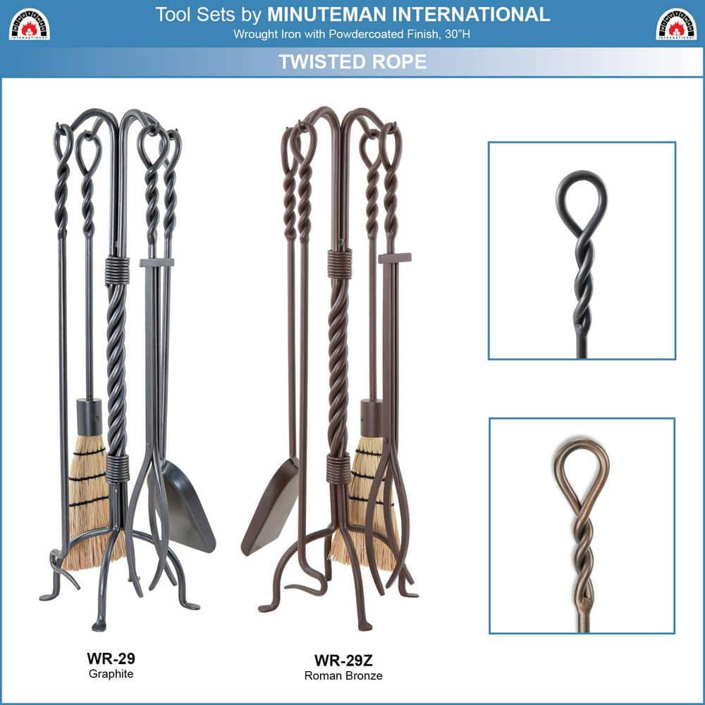 ACHLA DESIGNS 30 in. Tall Roman Bronze Twisted Rope 5-Piece Fireplace Tool Set (3)