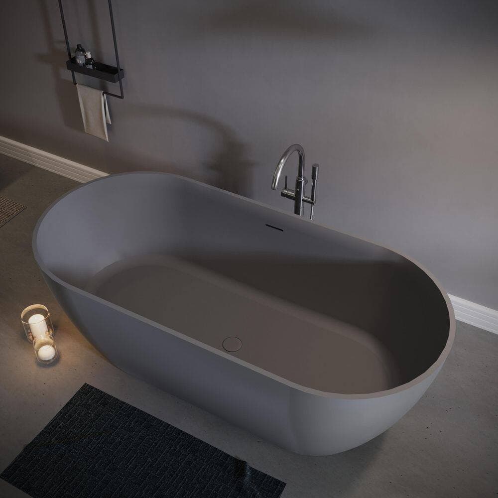 LIVACA 63 in. x 29.53 in. Freestanding Soaking Bathtub with Overflow and Pop-Up Drain in Matte Gray Solid Surface (2)