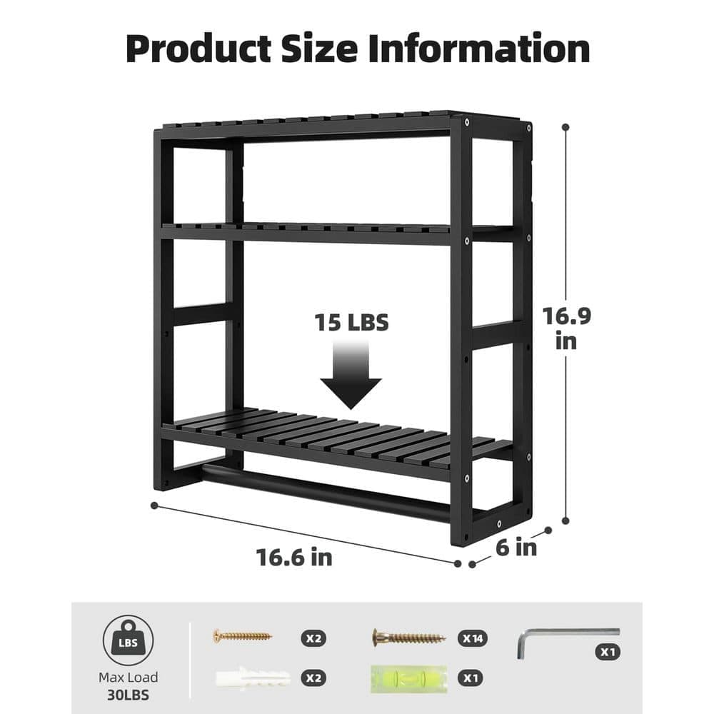 Wudkey Square Adjustable Bamboo Shelf - 16.6 in. W x 16.8 in. H x 5.9 in. D Towel Rack Paper Cabinet with Hanging Rod in Black (2)