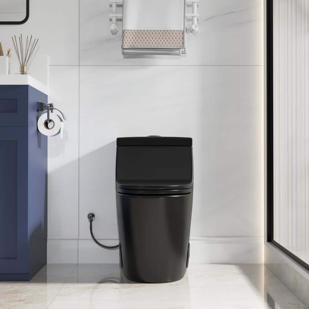 Hanikes 1-Piece 1.1/1.6 GPF Dual Flush Elongated WaterSense Toilet in Black with Map Flush 1000g, Soft Closed Seat Included (2)