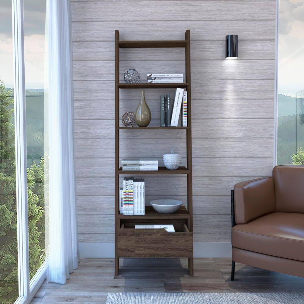 Tahanbath 22.04 in. W x 15.35 in. D x 70.31 in. H Dark Walnut Freestanding Linen Cabinet with 5 Shelves and Drawer in Brown (2)