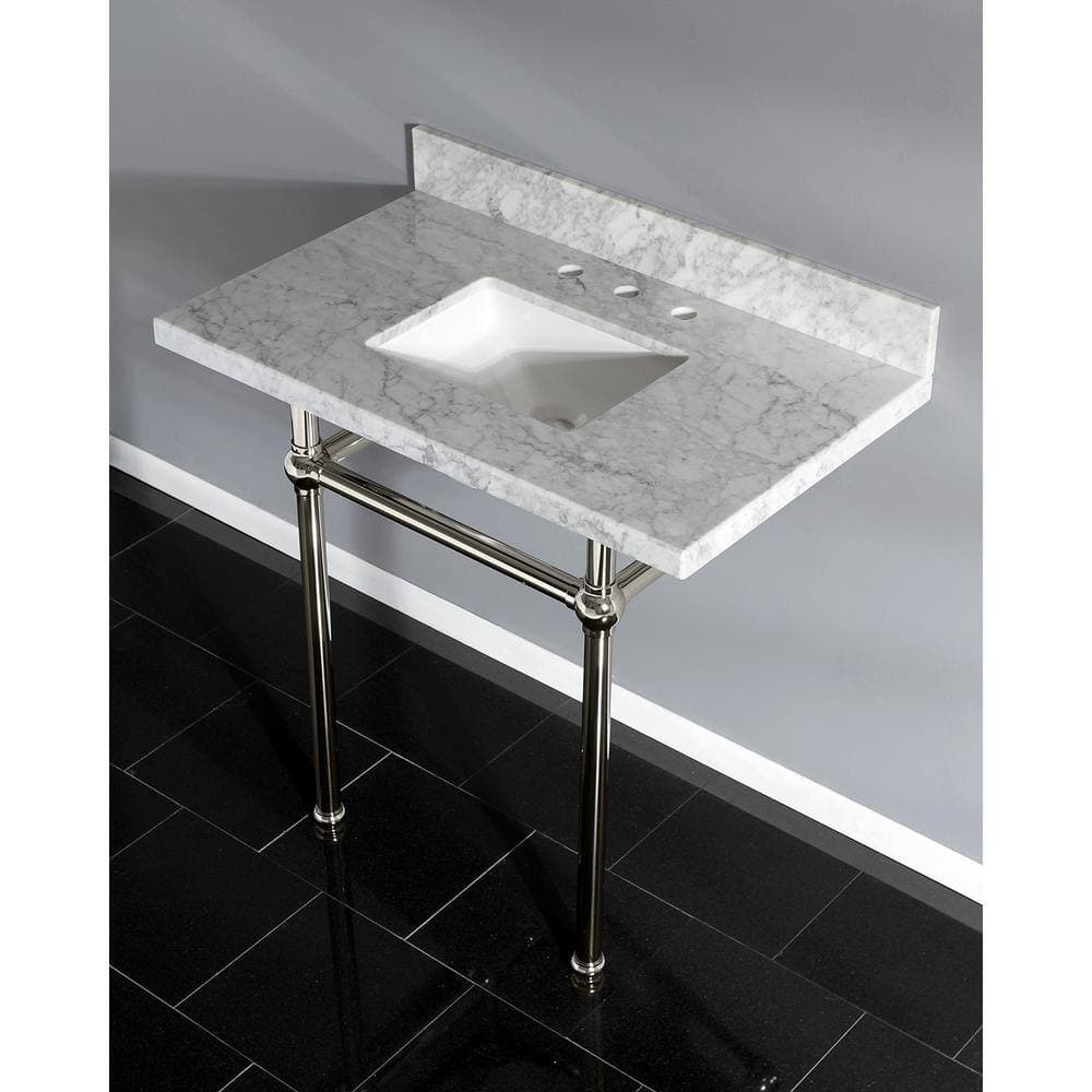 Kingston Brass Square Sink Washstand 36 in. Console Table in Carrara with Metal Legs in Polished Nickel (2)