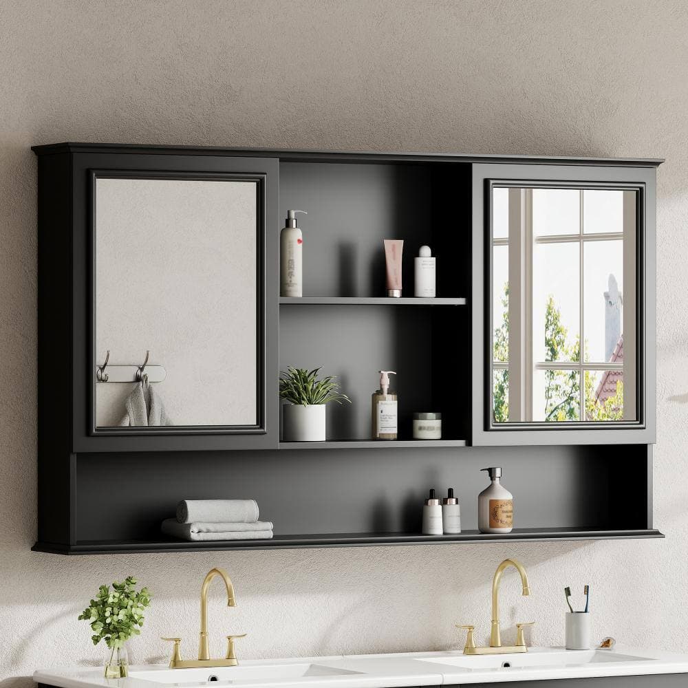 Flynama 60 Inch Wall-Mounted Medicine Cabinet, Double Mirrored Doors, Adjustable Shelves, Soft-Close Hinges, Black (3)
