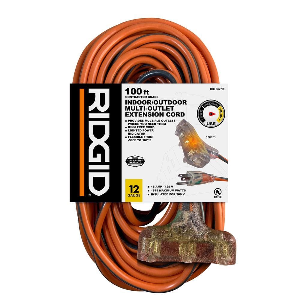 RIDGID 100 ft. 12/3 Heavy Duty Indoor/Outdoor Extension Cord with Tritap Lighted End, Orange/Grey
