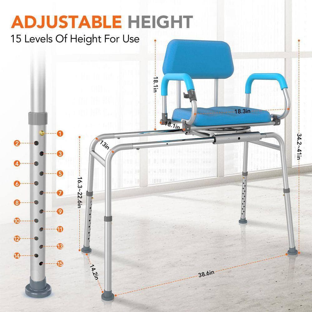 Lynzavix 34.2-41 in. W Freestanding Sliding Swivel Shower Chair with Pivoting Arms Adjustable Height Tub Transfer Bench in Blue (2)
