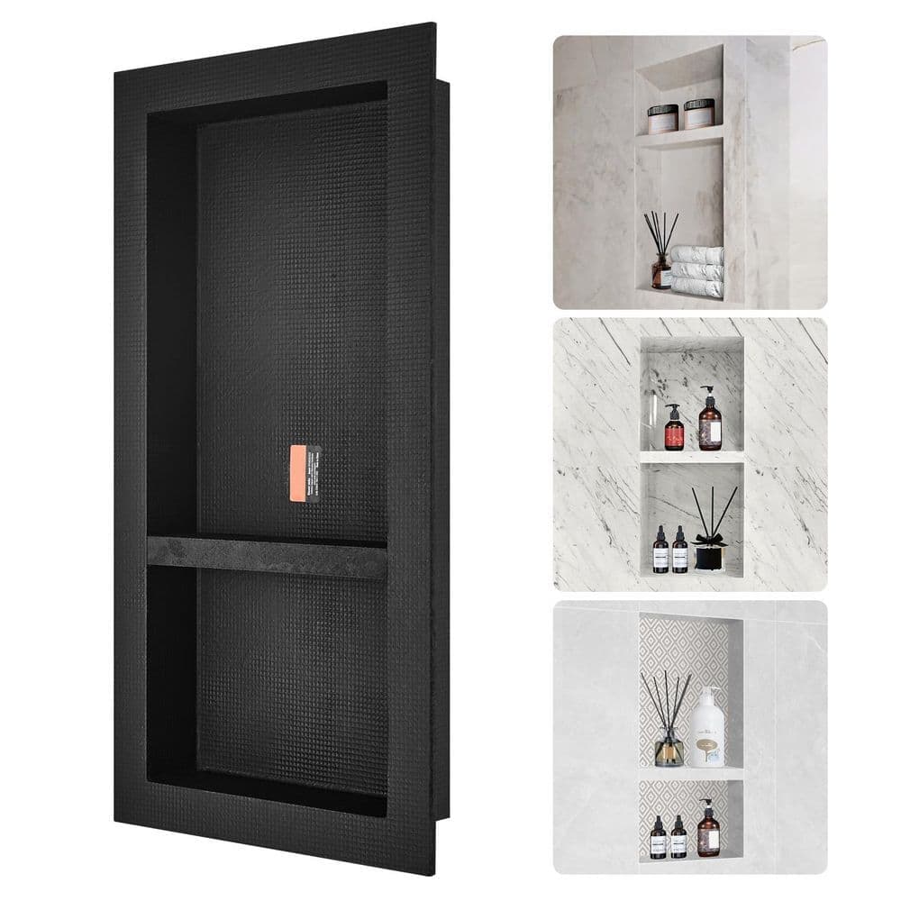 LIVIZA 12 in. W x 32 in. H x 4 in. D Plastic Recessed Shower Niche Shelf Organizer in Black (2)