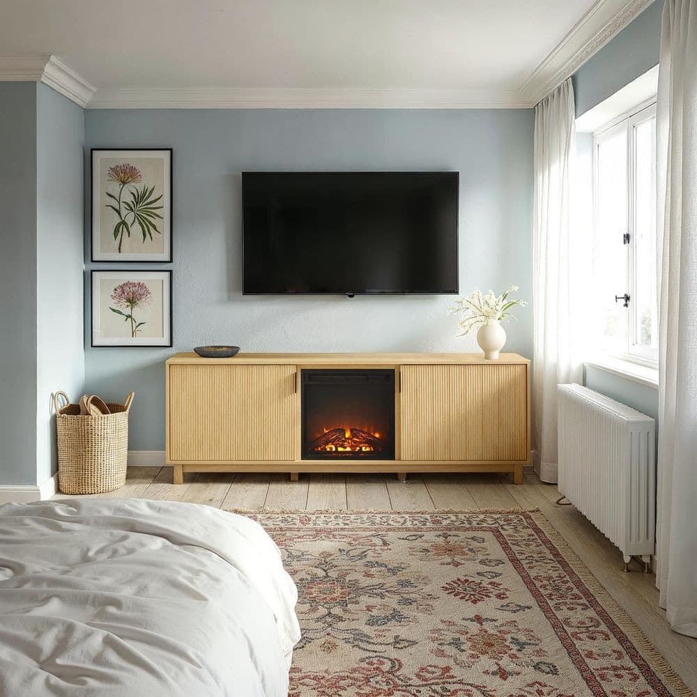 Walker Edison Furniture Company 70 in. Coastal Oak Modern TV Stand with Freestanding Electric Fireplace