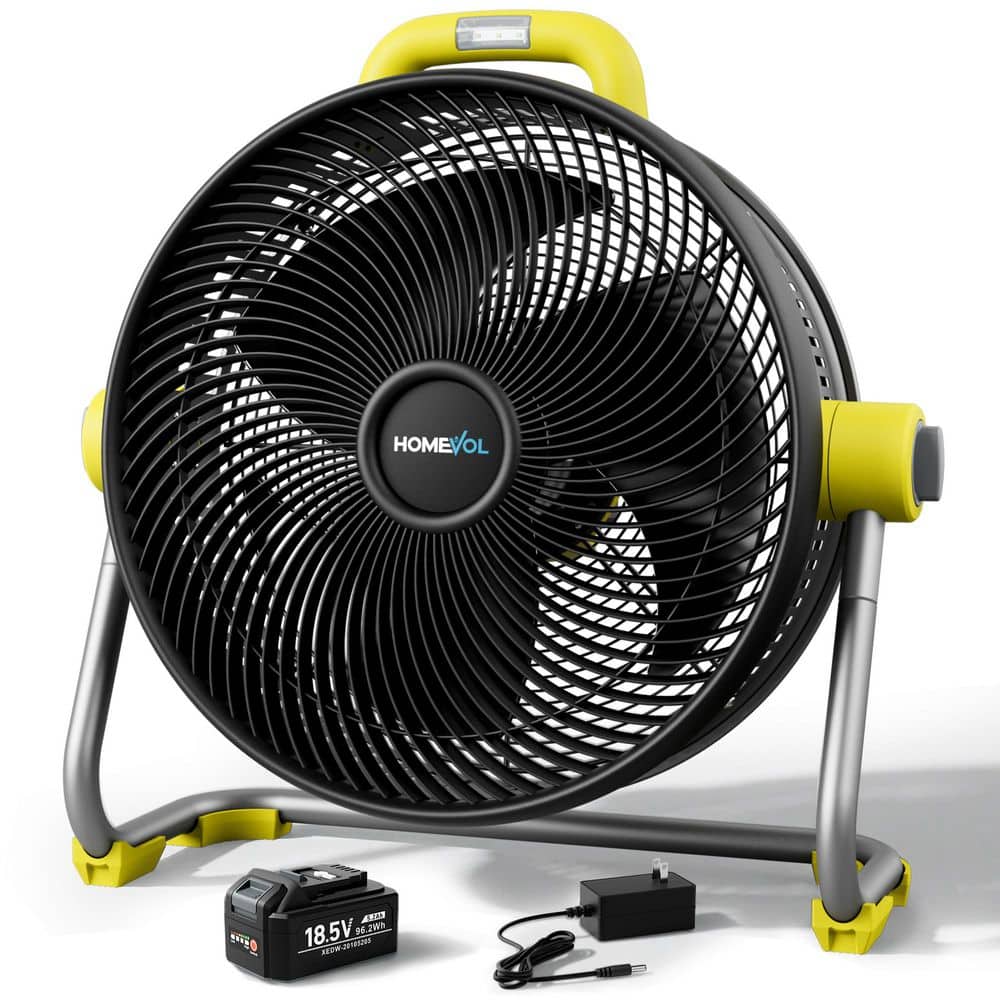 FUFU&GAGA 24 in. 6-Fan Speeds Floor Fan in Yellow with 4000 CFM Airflow, LED Light, Portable,Compatible with Dewalt 20V Battery (1)