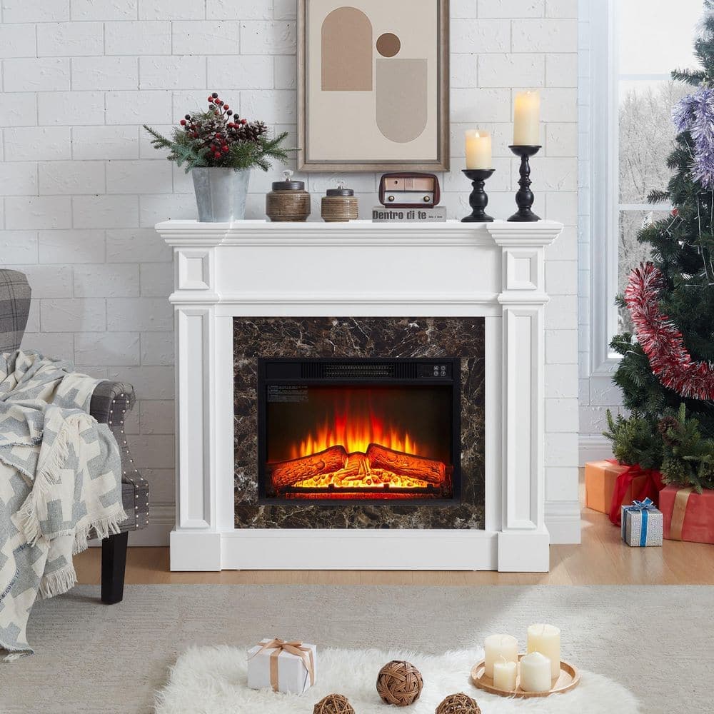 Clihome 45.66 in. Freestanding TV Stand with Electric Fireplace Stacked Stone Mantel Surround in White (1)