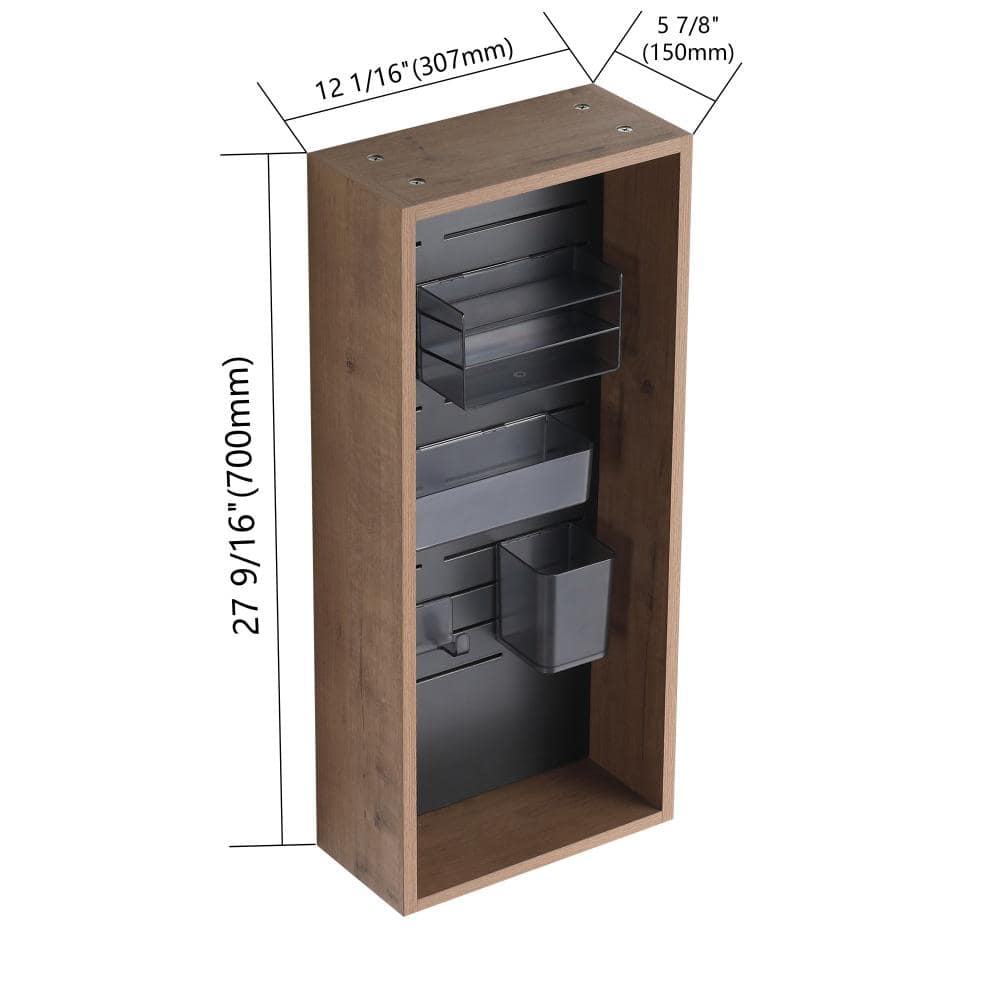 Unbranded Oak 12 in. Plywood Wall Mounted Storage Cabinet without Door, Bathroom Storage Cabinet with Frosted Plastic Bins & Hooks (3)