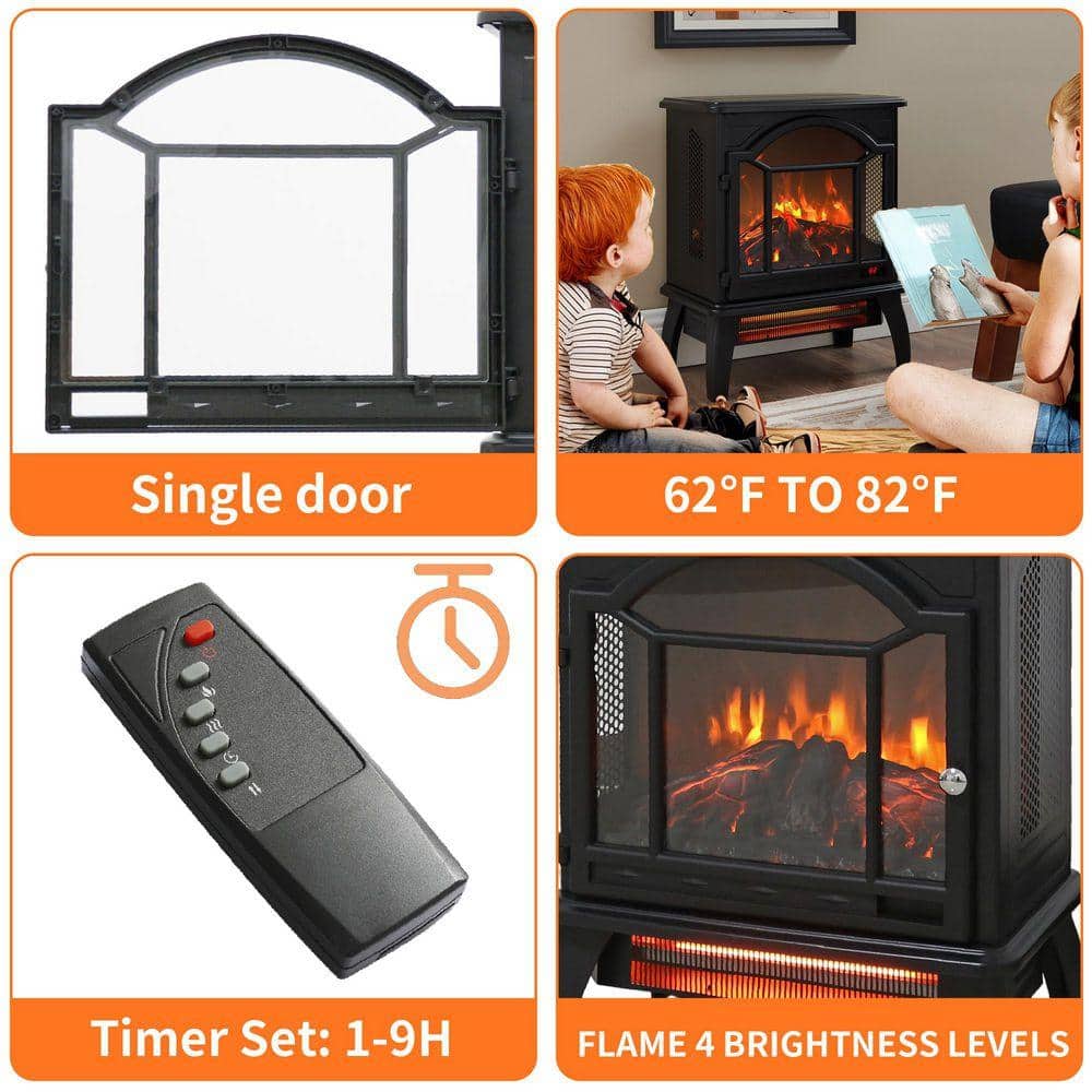 ToolCat 18 in. Freestanding Infrared Quartz 400 sq. ft. Electric Fireplace Stove 3D Flame, Remote Control in Black (2)