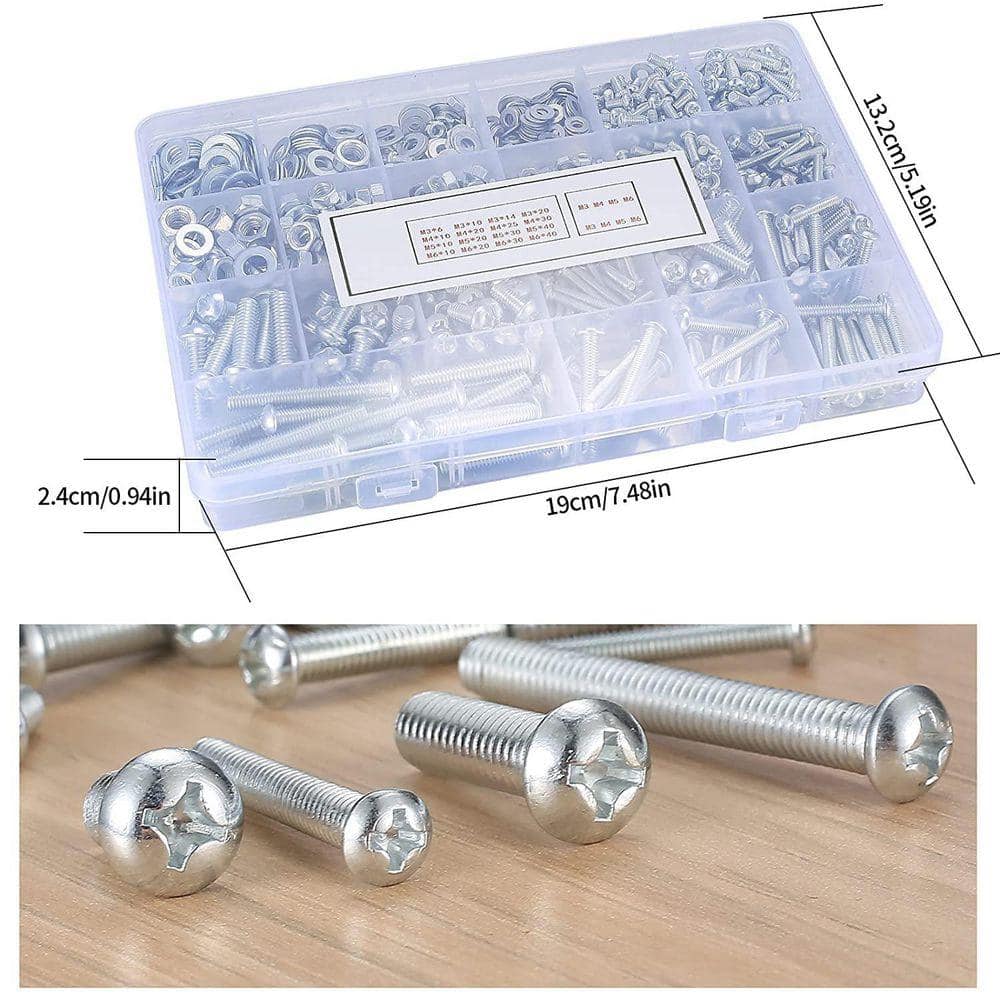 Angel Sar Silver Carbon Steel Screws Bolts and Nuts Assortment Kit with Nuts and Bolts and Flat Washers (1080-Pack) (2)