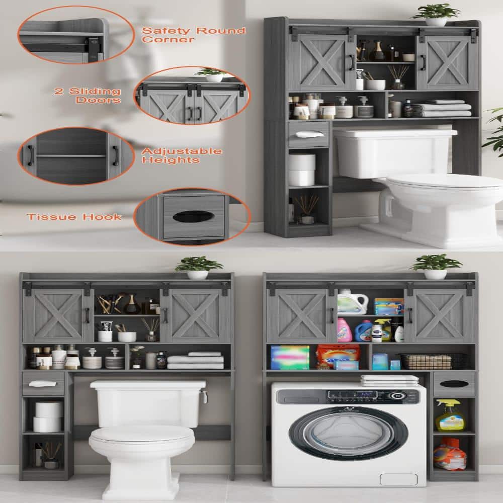 Whatseaso 32.29 in. W x 67.79 in H x 7.71 in. D Wood in Gray Over The Toilet Storage Cabinet with Sliding Door (2)