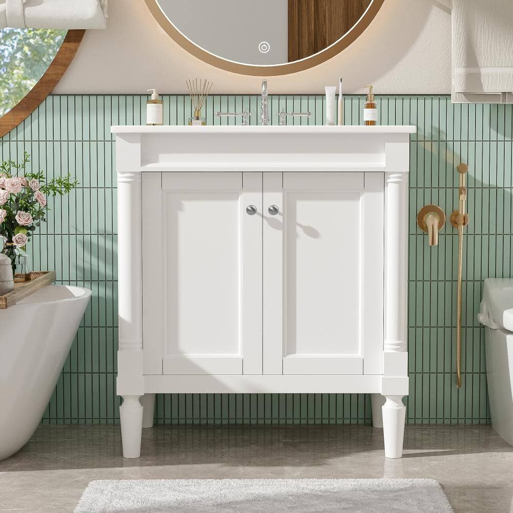 Unbranded White 30in Luxurious Bathroom Vanity Cabinet with Ceramic Sink and Solid Wood Legs (2)