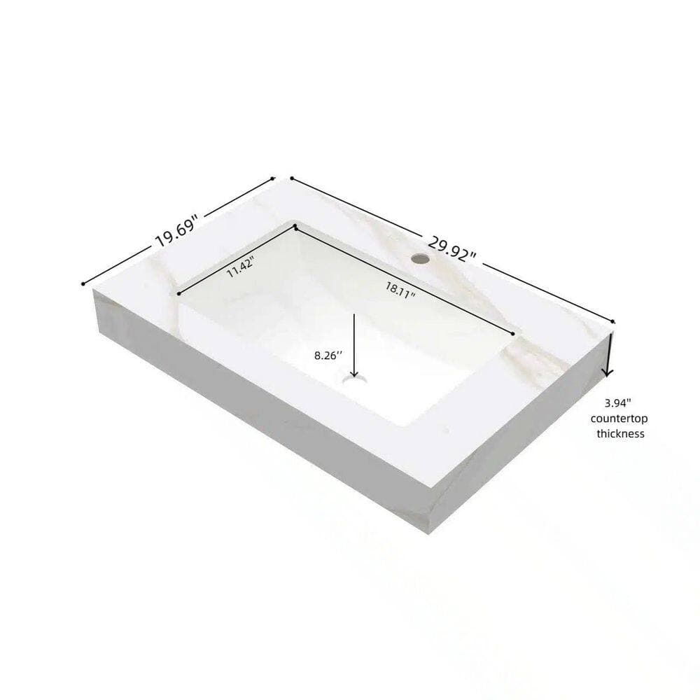 LIVACA 30 in. 20 in. Drop-In Bathroom Sink in Carrara White Sintered Stone and Ceramic with Pre-Drilled Faucet Hole (2)