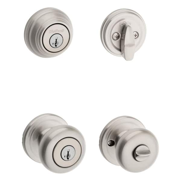 Kwikset Juno Satin Nickel Exterior Entry Door Knob and Single Cylinder Deadbolt Combo Pack Featuring SmartKey Security (2)