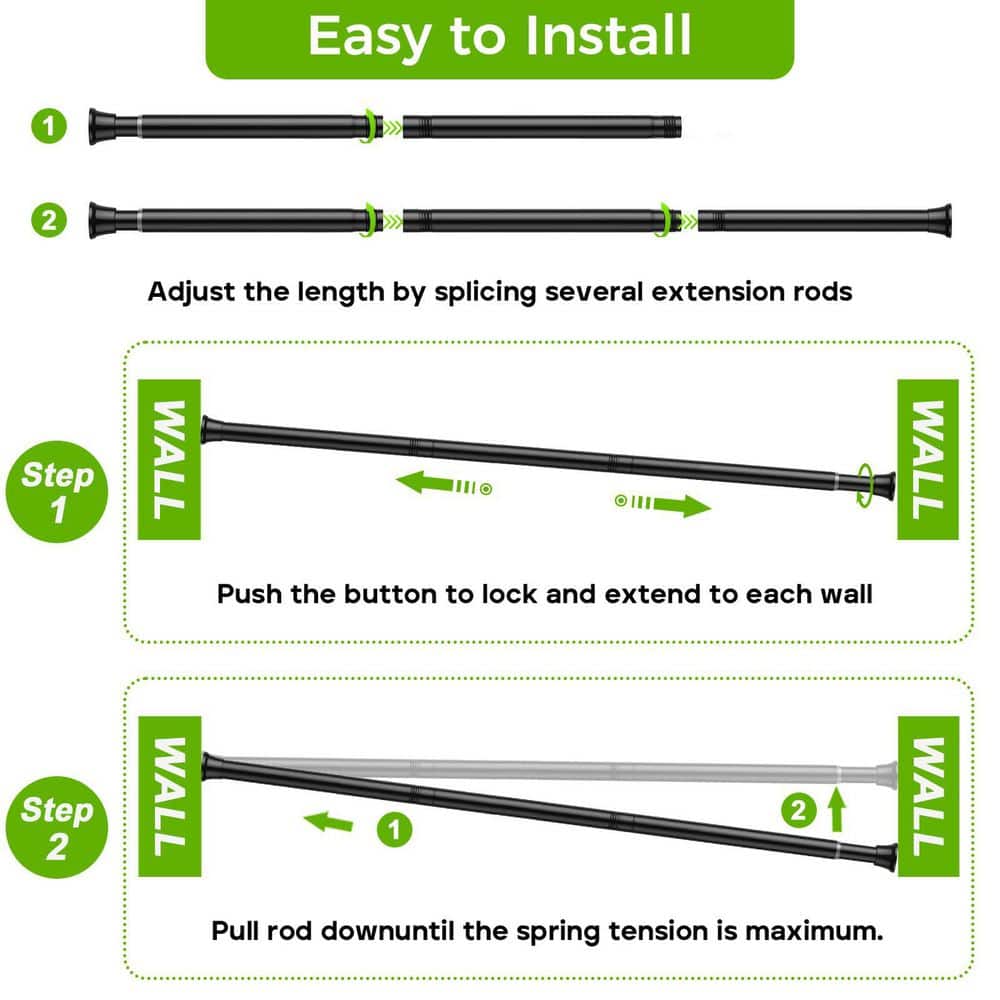 KHKFY No-Drill Spring Tension Shower Curtain Rod Rust-Resistant 7/8 in Diameter Adjustable 32 to 76 in in Black (3)