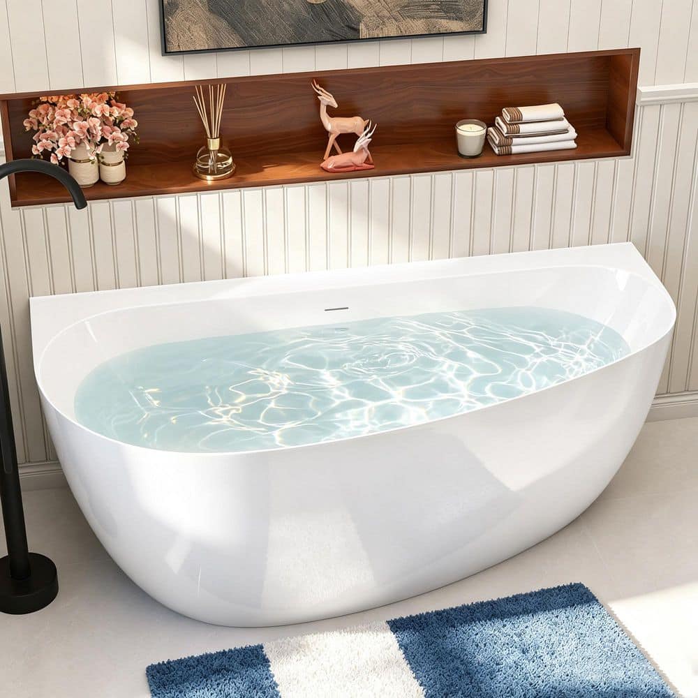 Getpro 63 in. x 30.7 in. Acrylic Back-to-Wall Freestanding Curved Oval Soaking Bathtub with Center Drain in High Gloss White (1)