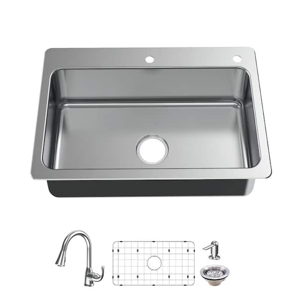 Glacier Bay Bratten 33 in. Drop-In Single Bowl 18 Gauge Stainless Steel Kitchen Sink with Pull-Down Faucet (2)