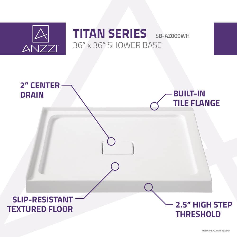 ANZZI SBHDX Series Series 36 in. L x 36 in. W Corner Shower Pan Base with Center Drain in Glossy White Marine-Grade Acrylic (3)