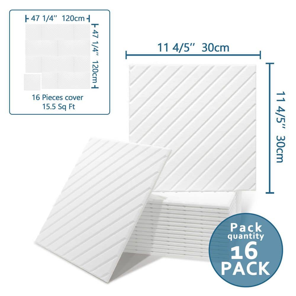 sunwings 0.4 in. x 11.8 in. x 11.8 in. PET Acoustic Wall Panels Diagonal Slat White Felt Decorative Wall Paneling (16-Pack) (3)