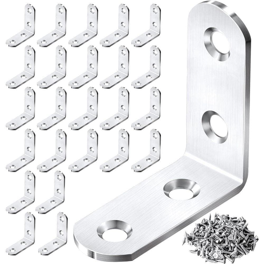 KIWDZFU 1. 6x1. 6 Inch Stainless Steel 90 Degree Corner Brace Metal Right Angle Bracket for Wood Shelves with 96 Screws 24 Pack (1)