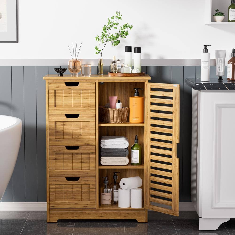 VEIKOUS 32.5 in. H 23.7 in. W 11.9 in. D Bamboo Freestanding Linen Cabinet with Adjustable Shelves and 4-Drawer (4)