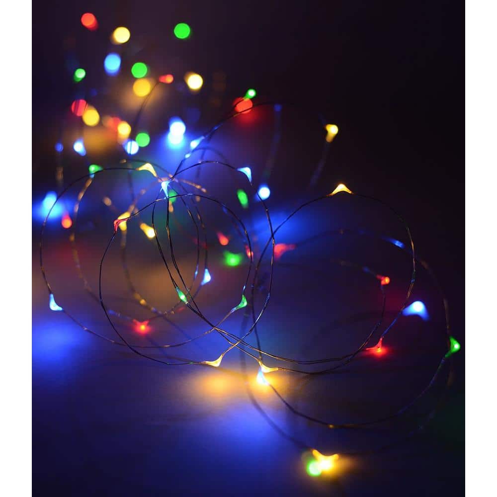Feit Electric 100-Light 30 ft. USB or Battery Operated Mini LED Indoor Silver Wire Red/Green/Blue Fairy String Light with Remote (4)