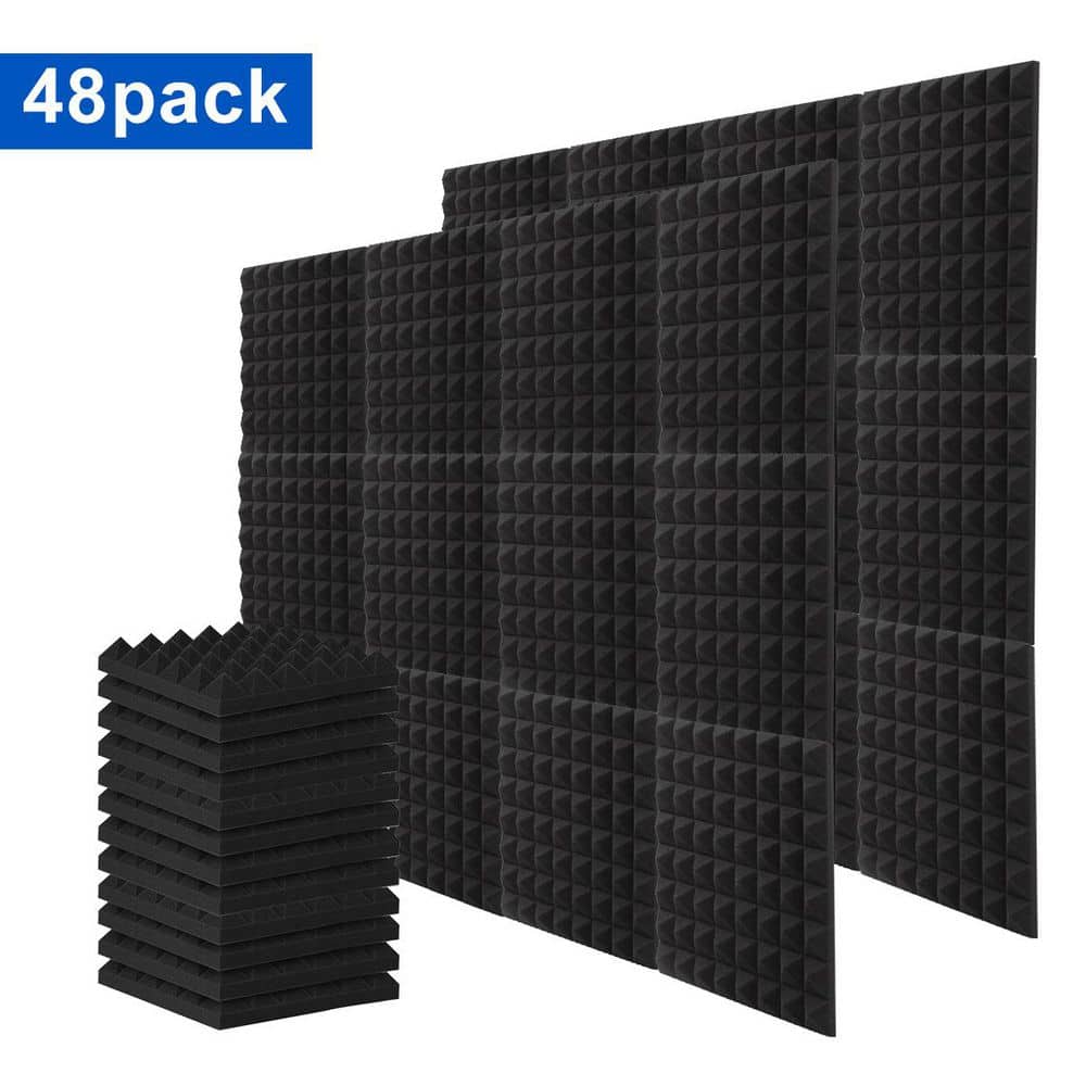 Miscool 3 in. T x 1 ft. x 1 ft. Black Professional Pyramid Acoustic Foam Sound Absorbing Panel for Wall Noise Reduction 48-Pack (1)