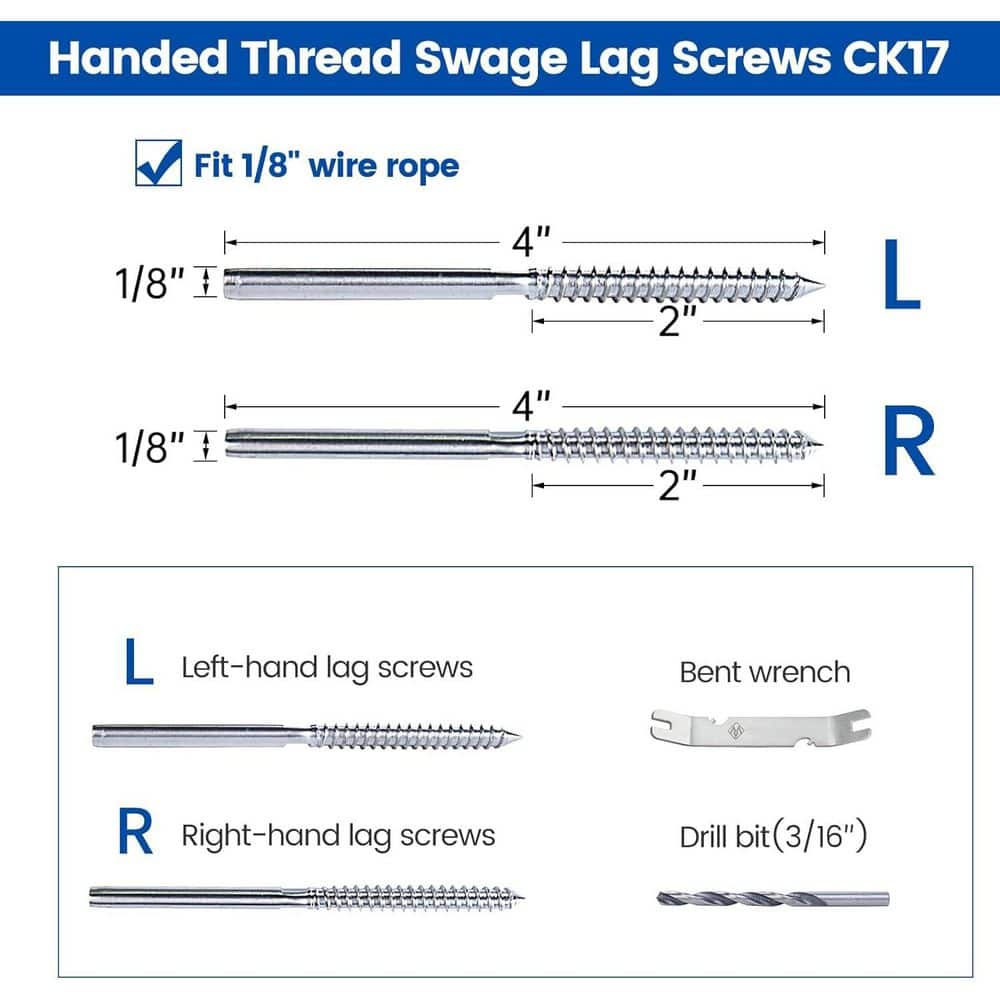 Afoxsos Swage Lag Screws 1/8 T316 Stainless Steel Cable Railing Hardware Kit for Wood Post Left and Right Threads 40 Pack (2)